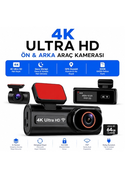 Hpytech 4k Ultra Hd Mini Araç Kamerası Ön Ve Arka Çift Kameralı Wifi Gps Destekli Gece Görüşlü 64gb Hafıza Kartlı G-sensörlü Araç İçi Kamera