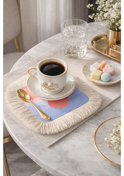 Pastel Gün Batımı Saçaklı Sunum Peçetesi - Yumuşak Bulutlu Bohem Lila Somon Bardak Altlığı Mendil