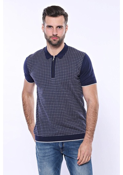 Yake Store Polo Yaka Lacivert Desenli Fermuarlı Örme T-shirt Wessi - Koyu Mavi siyah