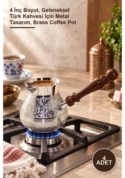 4 Adet Pirinç Cezve 4 İnç Boyut, Geleneksel Türk Kahvesi İçin Metal Tasarım, Brass Coffee Pot Doğal
