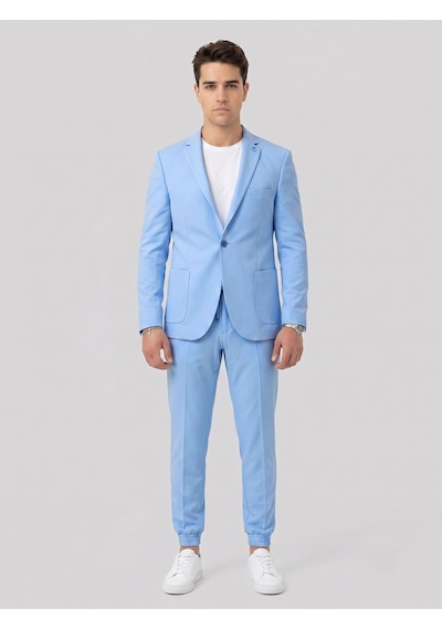 Tk6887 Pike Kumaş Jogger Pantolonlu Erkek Takım Elbise Torba Cepli Tek Düğme Slim Fit Kombin Bebek Mavi