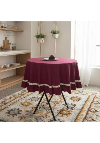 Dnc Home Tekstil Premium Keten Bordo Yuvarlak Fırfırlı Özel Seri Masa Örtüsü Bordo