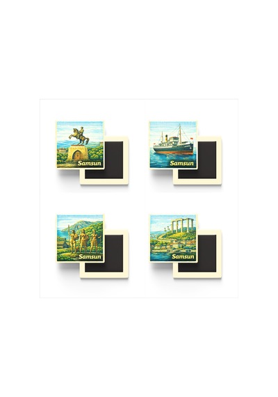 Samsun - 4'lü Memleket Seti - Baskılı Buzdolap Magneti Kare - 9x9 Cm - 4 Adet