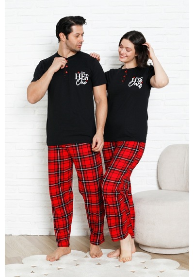 Enisena Erkek Pijama Takımı - Ekose Altlı-3 Düğmeli - %100 Pamuklu 12386 Siyah