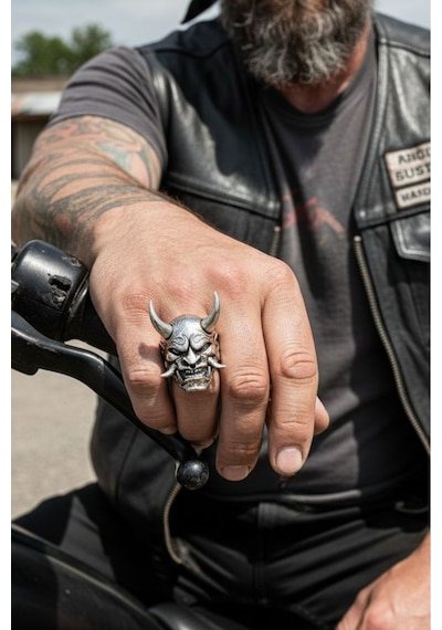 Erkek, Gümüş Kaplama Paslanmaz Kromix Çelik Yüzük - Japon Oni Maskesi Gotik Demon Motorcu Tasarım Gümüş