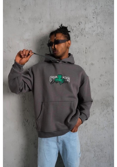 Mbb E-ticaret Erkek 3 İplik Pamuklu Kapüşonlu Baskılı Cepli Oversize Sweatshirt Hoodie - Gri