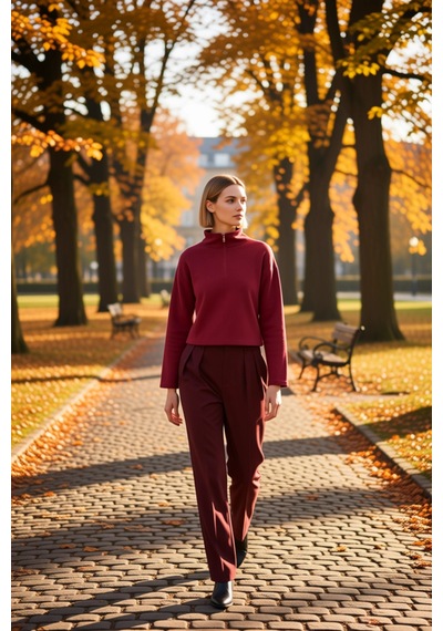 Benerly Kadın Dik Yaka Düşük Kol Fermuarlı Regular Kalıp Örme Sweatshirt Bordo
