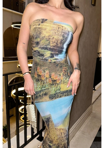 WeShaya Kadın Multi Desenli Polyester Straplez Uzun Elbise Çok Renkli WeShaya Kadın Multi Desenli Polyester Straplez Uzun Elbise Çok Renkli