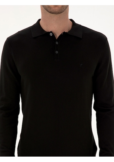 Cacharel Siyah Regular Fit Pamuk Karışımlı Polo Yaka Basic Triko Kazak
