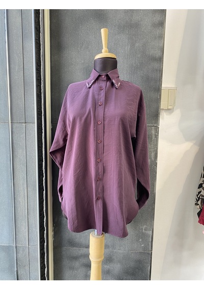 Pera Moda Yakası Taşlı Modal Kumaş Oversize Kadın Gömleği Mürdüm