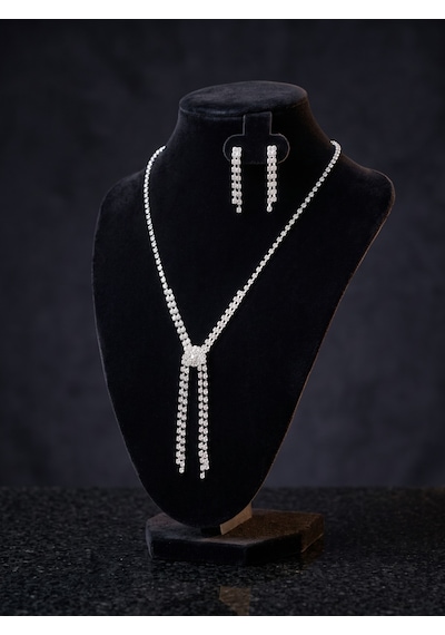 Valmont Accessories Akarsu Mordel Zirkon Taşlı Gümüş Kolye Ve Küpe Seti - Düğün, Kına, Nişan Gelin Takı Seti