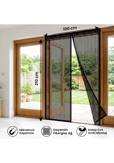 Mıknatıslı Kapı Sinekliği Siyah 100x210 Cm Otomatik Kapanan Manyetik Tül Sineklik 5468