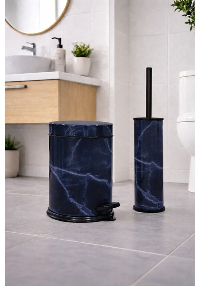 Lacivert Mermer Desenli 2'li Banyo Seti - Metal Çöp Kovası 3 Lt Ve Wc Fırçası Takımı Lacivert