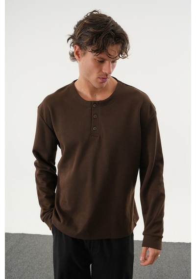 Redline Taren Oversize Erkek Kışlık Düğmeli Sweatshirt Kahverengi