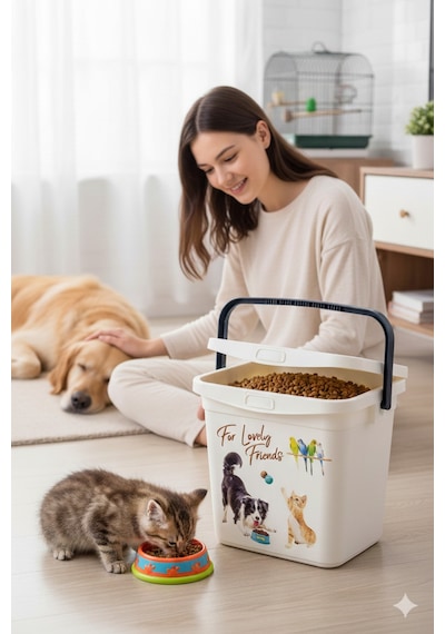 Evcil Hayvan Mama Kovası 6 Litre - Kapaklı Ve Kulplu Kedi Köpek Mama Saklama Kabı