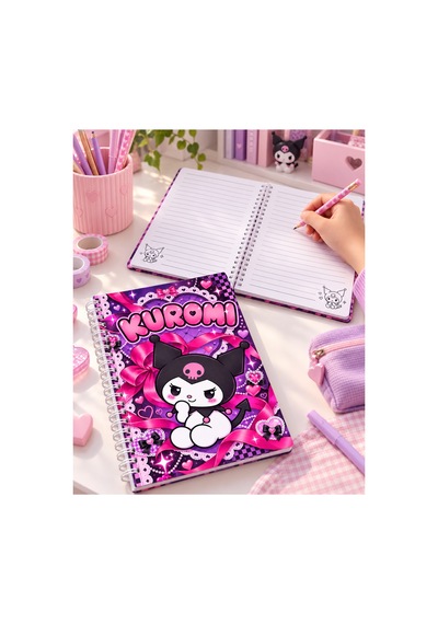 Kuromi Desenli A5 Spiralli Defter 50 Yaprak 100 Sayfa Çizgili Mor Pembe Not Defteri
