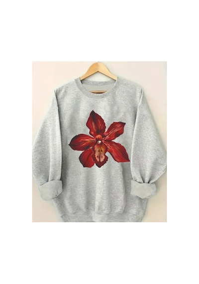 Herkesemoda Kırmızı Orkide Baskı Detaylı Bisiklet Yaka Sweatshirt Gri