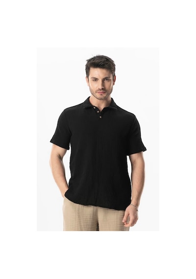 Kısa Kol Polo Yaka Müslin Yazlık Tshirt Siyah Syh Siyah
