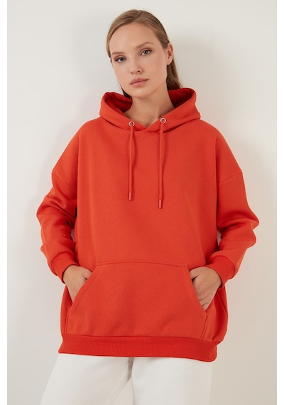 Lela Regular Fit Pamuklu Kapüşonlu Yaka Şardonlu Kışlık Bayan Sweat 5863854 Oranj