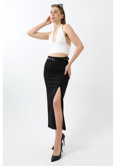 Winmoda34 Kadın Uzun Kemerli 92cm Maxi Boy Yırtmaçlı Süet Etek Siyah