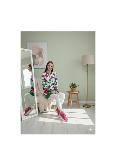 Polologin Butik Kadın Çiçek Desenli Jakarlı Uzun Ribanalı Tunik - Fuşya/yeşil Yeşil