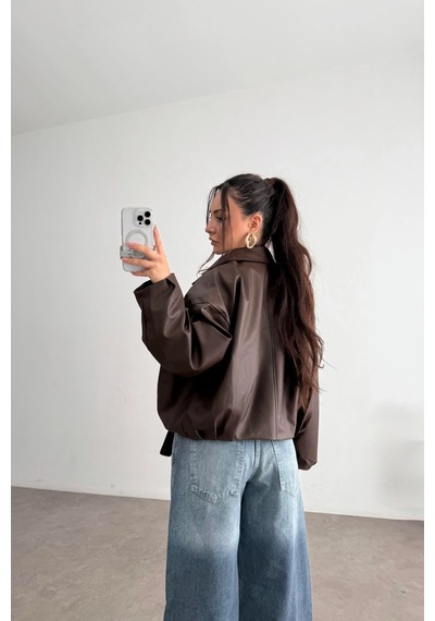 Pop Story Kadın Oversize Bomber Premium Deri Ceket Kemerli Kahverengi Kahverengi