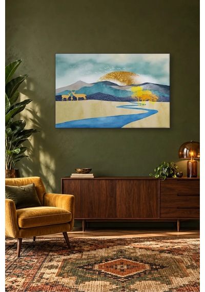 Fida Altın Güneş Ve Mavi Nehir Kıyısında Geyik Ailesi Canvas Tablo Çok Renkli