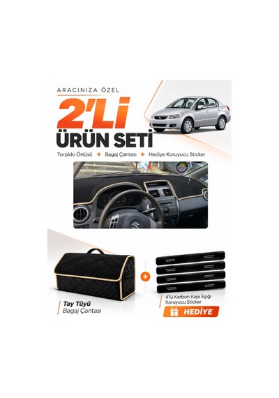 Suzukı Sx-4 2006-2014 Uyumlu Torpido Örtüsü + Tay Tüyü Bagaj Çantası + Sticker Seti - Siyah Bej