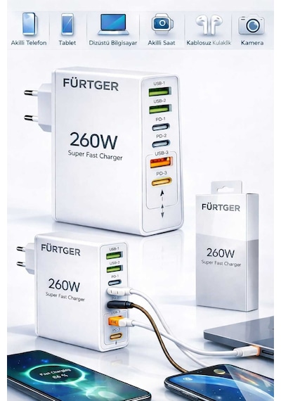 Fürtger German Frt-25w B 260w 3 Type-c + 3 Usb-a Toplam 6 Çıkışlı Süper Hızlı Şarj Aleti