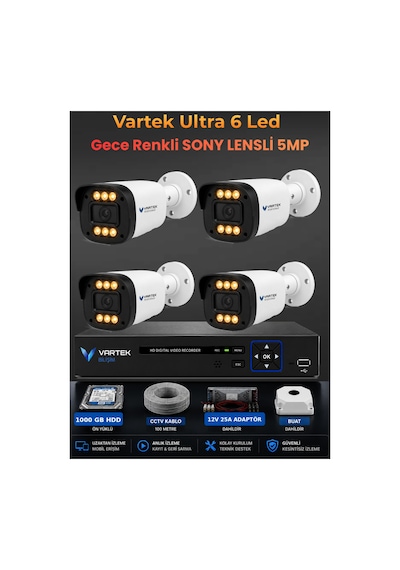 4 Kameralı Ultra 6 Ledli 5mp Sony Lensli Gece Renkli Güvenlik Kamerası Seti 1000 Gb Hdd