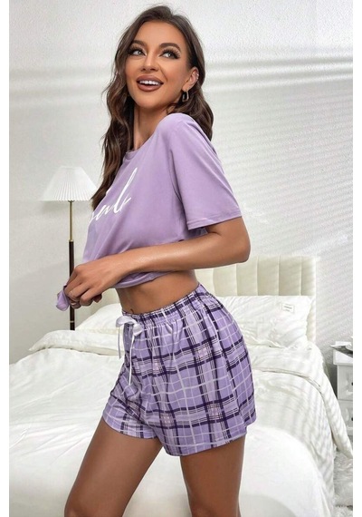 Bella Notte Spor Lila Ekoseli Şortlu Pijama Takımı Mor