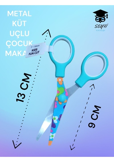 Metal Küt Uçlu Çocuk Makası 13 Cm Desenli Yeşil Çiçek
