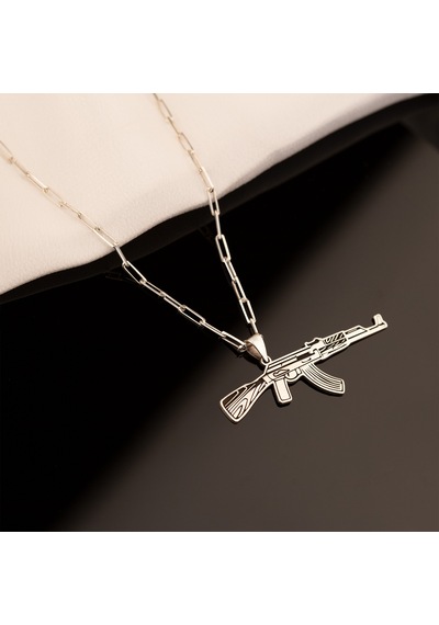 Dkmn Gümüş Ak-47 Biçimli Ataç Zincirli 925 Ayar Gümüş Erkek Kolye