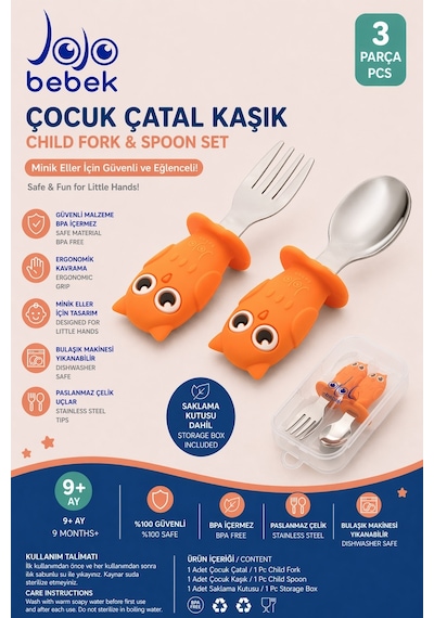 Turuncu Baykuş Figürlü Premium Çocuk Bpa Free Silikon Sap Paslanmaz Çelik Uçlu Çatal-kaşık Set 9+ Ay