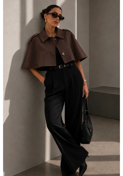 Bb Butik Basic Kadın Premiun Omuz Apoletli Crop Panço Trençkot Fs3434 Kahverengi