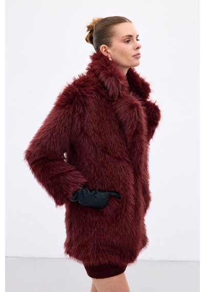 Sateen Çıt Çıt Detaylı Kürk - Bordo-136677 Bordo