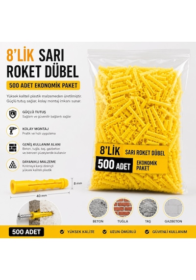 8'lik Sarı Roket Dübel 500 Adet Güçlü Plastik Duvar Dübeli Beton, Tuğla Ve Gazbeton İçin