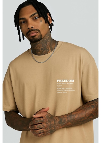 Freedom Baskılı Unisex T-shirt Bej