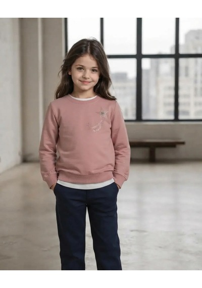 Alfa Kız Çocuk Pudra Renkli Kol Taslı Sweatshirt