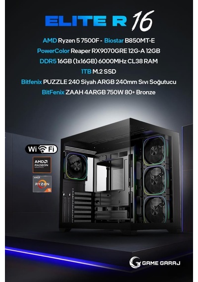 Game Garaj Elite R16 R5-7500F 16 GB 1 TB SSD RX9070 GRE Dos Masaüstü Oyuncu Bilgisayarı