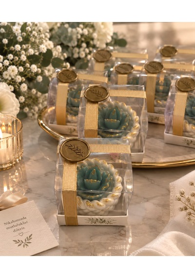 20 Li Kişiye Özel Nikah Hediyeliği Sukulent Mum Taş Tozu Mumluk Süslemeli Etiketli