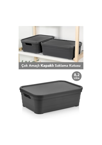 1 Adet Kapaklı Dekoratif Piramit Saklama Kutusu - Dolap Düzenleyici Organizer 8,2 Litre Antrasit Antrasit