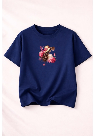 Herkesemoda Güllü Kadın Temalı Baskılı Kadın Bisiklet Yaka Pamuklu T-shirt Lacivert
