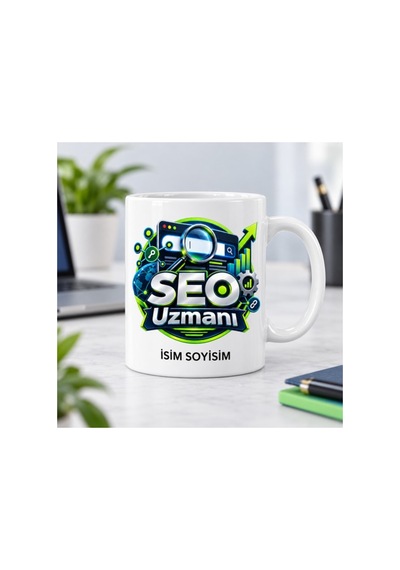 Seo Uzmanı Kupa Bardak Büyüteç Arama Ekranı Ve Grafik Desenli Beyaz Beyaz