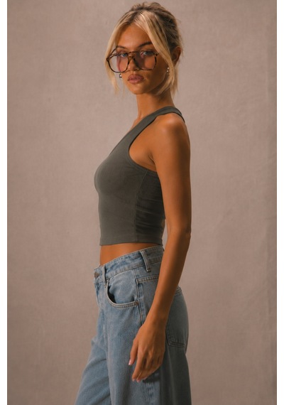Cool Tarz Kadın Tek Omuz Crop Atlet Esnek Slim Fit Süprem Kumaş Asimetrik Yaka Bluz Haki Haki