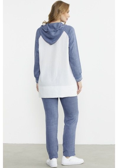 Sementa Keten Görünümlü Kapüşonlu Tunik Takım - Indigo Indigo