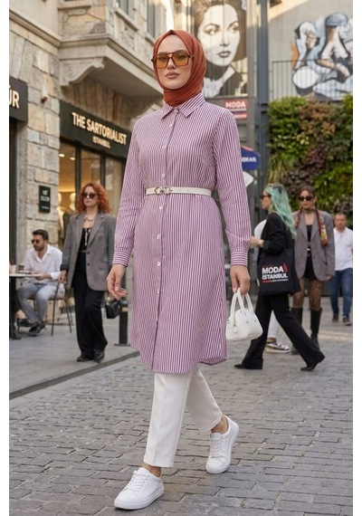 Hb Harma Time Butik Kadın Çizgi Desenli Kemerli Keten Mor Gömlek Mor Mor