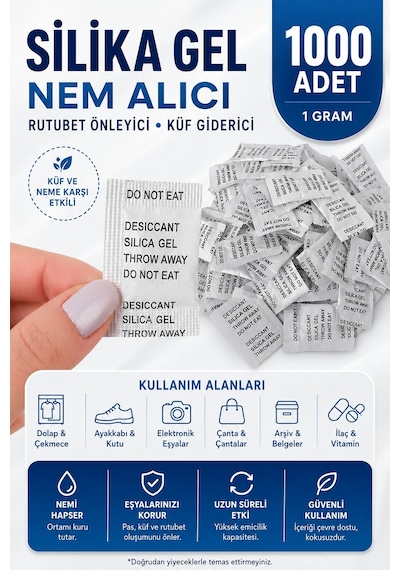 1000 Adet 1 Gr Silikajel Nem Alıcı Rutubet Önleyici Küf Giderici Silika Jel Desiccant