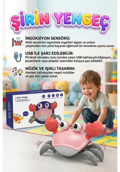 Kaçan Yengeç Macera Başlasın İndüksiyon Sensörlü Müzikli Işıklı Şarjlı Eğitici Oyuncak Hayvan Hayvan Figürü