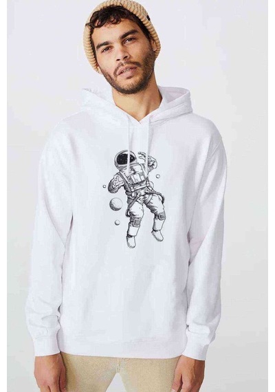 Astronot Uzay Gezintisi Baskılı Beyaz Erkek Örme Sweatshirt (531045066)